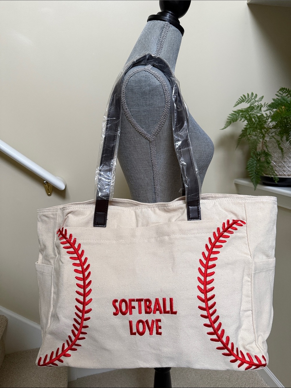 Softball Love Canvas Tote Bag - Cream with Red Accents